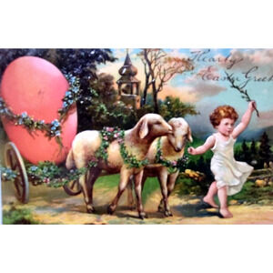 Easter Postcard Fantasy Lambs Hauling Giant Egg Carriage PFB 5837 Germany 1909